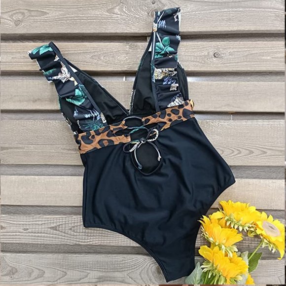 SPORLIKE One Piece V-Neck Ruffle Bathing Suit  🐅  NEW WITH TAG! - Picture 6 of 12